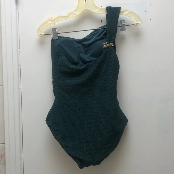 Anne Cole One Shoulder Twist One Piece Swimsuit  Emerald Green ruched slimming - Picture 4 of 7